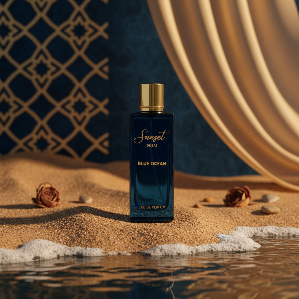 Blue Ocean 70ml luxury perfume in Arabian-inspired setting